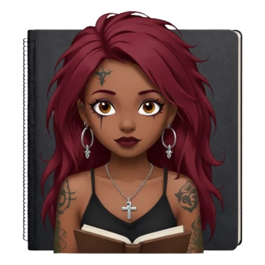 generate an ios genmoji of a dusky girl with long dark red messy hair with eyeliner on her eyes. septum piercing, wearing a cami black top, has tattoos, on shoulders. ear piercings. wearing a cross silver necklace. carrying a lot of sketchbooks sticker