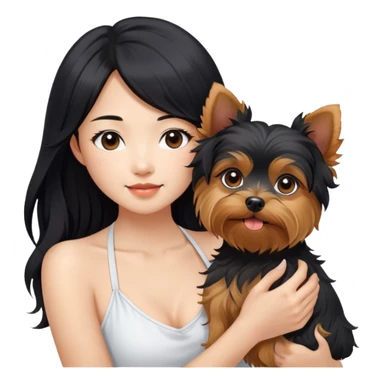 A pretty Asian girl with long, luscious wavy black hair (loose, no hair tie), wearing a white sleeveless halter top. She's holding a Yorkshire Terrier.  sticker