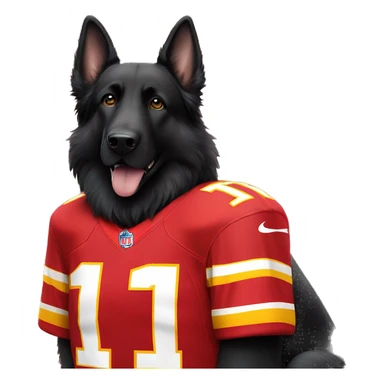 long haired black German shepherd dog wearing number 1 Kansas City Chiefs jerseys  sticker