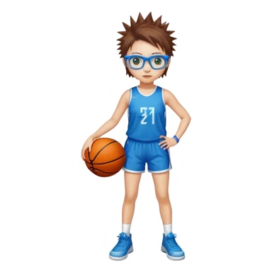 Full Body white Girl with basketball spikey short brown hair  wearing blue glasses with green eyes sticker