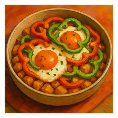Add sliced bell peppers on top of the eggs and potatoes in the bowl, maintaining the food illustration style as in the reference image. sticker