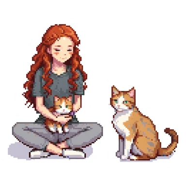 Remix: Beautiful girl with long curly red hair, inspired by the reference, petting a gray and blonde mixed cat, pixel art style, girl sitting cross-legged, cat curled beside her sticker