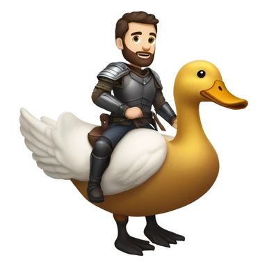 Confident armored White Man with dark brown hair and a short beard riding on the back of a giant duck sticker