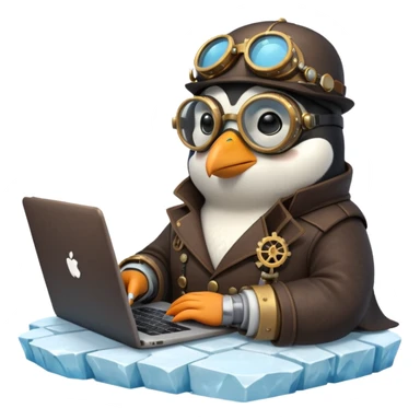 an steampunk engineer penguin writing code on a laptop, on an iceberg sticker