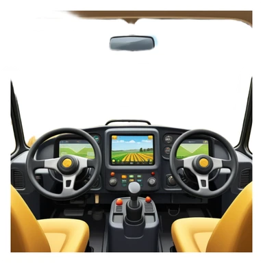 a view from the tractor cabin, with the dashboard in focus, overlooking a vibrant rural landscape. Inspired by Farming Simulator 22, the scene includes fields, crops, and distant barns under a bright sky. The design highlights the immersive experience of farm management. transparent background sticker