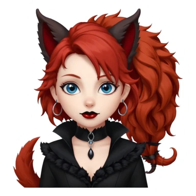  long curly red hair (darker), red pointed ears with black trim, black goth outfits, body and face human, blue eyes, more pointy chin, black lipstick, big fluffy red squirrel tail with black tips, like the attached photo with more outfits and poses,  sticker