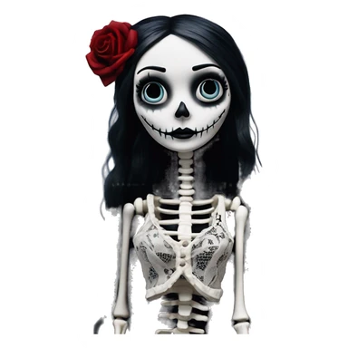 full height skeleton body, tim burton "corpse bride", thin porcelain doll with a cracked face, goth makeup watery eyes, long hair, lace and ruffles, lolita style, inked, black and white, red roses sticker