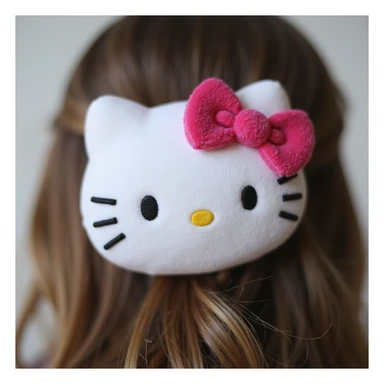 realistic Hello Kitty hair pin made of soft plush material, detailed stitching, Hello Kitty's face and bow, close-up photo sticker