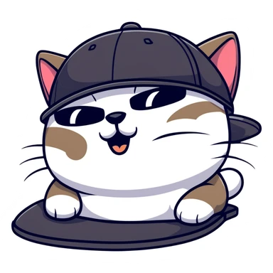 close-up of cat's face with one eye completely closed in an obvious wink, other eye open, wearing black snapback cap, black sunglasses positioned low on nose so cat is peeking over them, mischievous expression sticker