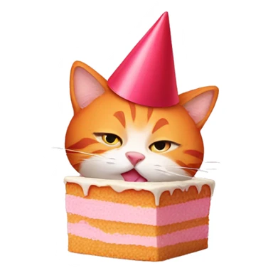 Orange cat with stripes wearing a red party hat eating a piece of pink cake sticker