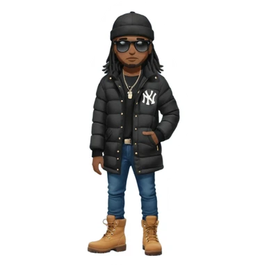 African American man brown skin complexion with black dreadlocks shoulder length wearing black bubble winter coat wearing black sunglasses with denim skinny jeans and timberland boots  wearing new york Yankees baseball cap sticker