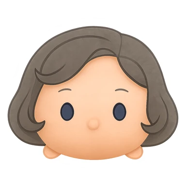 Remove the white border, keep plush tsum tsum style with blue eyes, grey 1940s bob hair, no body, no mouth, and no background. Preserve the plush tsum tsum look and isolate the subject with transparent background. sticker