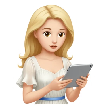 woman in dress reading a tablet sticker