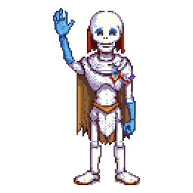 pixel art of Papyrus from Undertale, grinning, standing with one hand raised, minimal background sticker