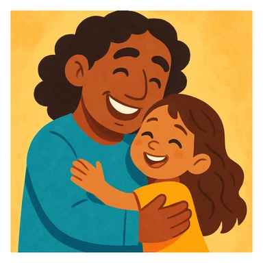 A brown-skinned dad with shoulder-length curly black hair, hugging a young girl with light brown skin and long wavy brown hair, both smiling, soft and colorful style sticker
