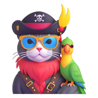 cat with sunglasses, pirate hat, and a parrot on shoulder sticker