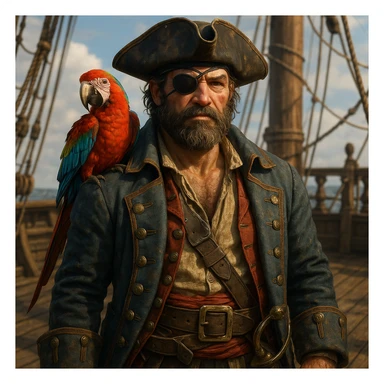 3d art of a pirate with eye patch and parrot in sticker