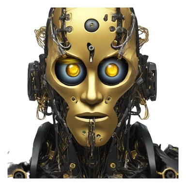 black metal male cyborg head with artificial eyeball, circuitry and wispy yellow gold hair sticker