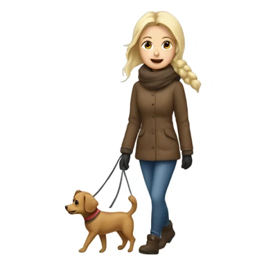 A cold day with snow and ice and a blonde woman walking a tiny brown dog  sticker