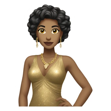 light skin woman with long black hair in gold sparkle dress with gold jewelry sticker