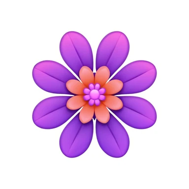 minimal tech-flower emoji with five smooth purple petals in a circle, glowing coral-pink center, light pink rounded rounded square background, futuristic elegant sticker