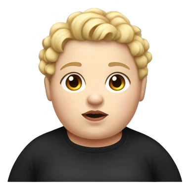 A morbidly obese girl with short blonde curly boy hair and a black sweater sticker