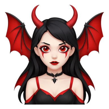 demon girl, skin red , black long hair, small horns, bat wing, black open-back dress, bold black outlines sticker