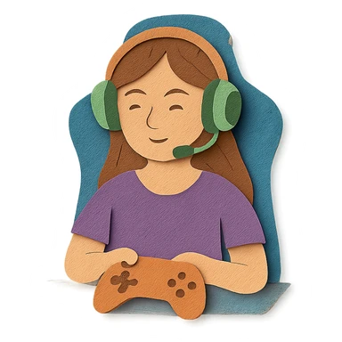 female streamer with headphones and a gaming chair sticker