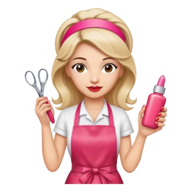 Female hairdresser with headband, wearing red apron, holding pink nail polish bottle and scissors, beauty salon employee sticker