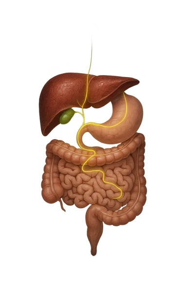 A detailed anatomical illustration-style image focusing on the human torso, highlighting the liver, gallbladder (cistifellea), and intestines. The organs are shown with realistic textures and colors: the liver in deep reddish-brown, the gallbladder as a small greenish sac tucked under the liver, and the intestines in soft pinkish hues. Connecting these organs are glowing, semi-transparent lines or light trails in vibrant colors (e.g., bright yellow or green) that visually trace the functional and physiological links between them. The lines flow smoothly from the liver to the gallbladder and then down to the intestines, symbolizing bile flow and digestive processes. The background is a subtle dark gradient that enhances the brightness and clarity of the lines and organs. The style is a blend of medical illustration and modern digital art, clear, precise, and visually engaging sticker