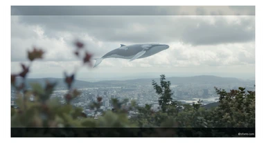 A cinemaatic still of a city, blurred plants in the foreground, huge whales fly above city sky, rolling hills in the background, cinematic depth of field, layered composition, natural lighting sticker