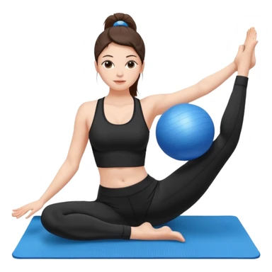generate a pretty woman in black gym clothes doing pilates on a blue mat with a small blue ball sticker