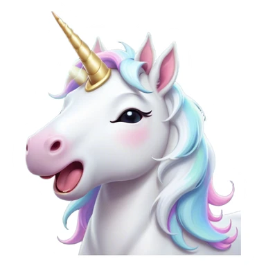 Cinematic Cute Yawning White Unicorn Portrait Emoji, Head tilted slightly with a dramatic, wide-open yawn, showcasing a softly elegant form with a gently cascading mane, a subtly glowing horn and sleepy, half-closed eyes, Simplified yet irresistibly adorable features, highly detailed, glowing with a soft, cozy magical glow, high shine, relaxed yet expressive, stylized with a dash of whimsical enchantment, soft glowing outline, capturing the essence of a drowsy yet affectionate white unicorn that appears ready to stretch and yawn its way out of the screen! sticker