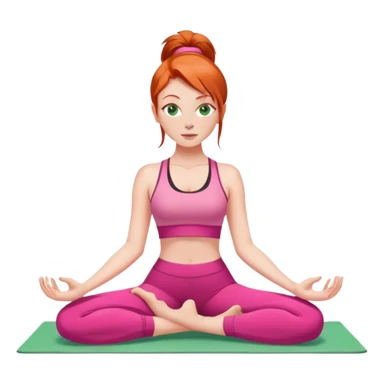 Long red head white girl with green eyes doing yoga wearing pink sticker