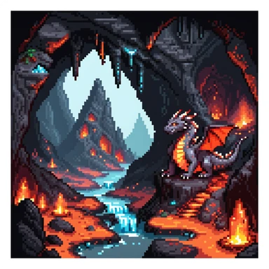 Dragon lair in volcanic cave with lava pools and glowing crystals sticker