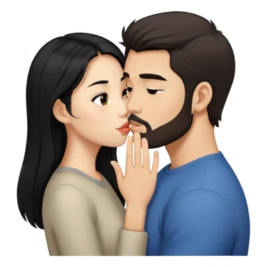 Asian girl with long black hair, kissing a Caucasian guy with dark brown hair that’s short and has a light beard sticker