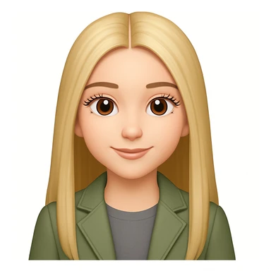 Make the smiling girl have longer straight blonde hair with a middle part, bigger eyelashes, and a grey shirt under her sage green jacket. Maintain the original style and details. sticker