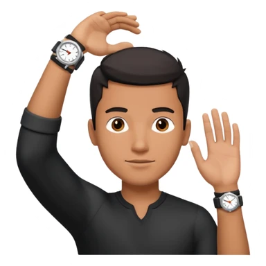 diverse man wearing a black strap watch on his wrist portrait, head and shoulders only, wrist raised slightly showing the watch clearly, modern style, 3D cartoon, mobile game icon style, clean background, no text, no watermark
 sticker
