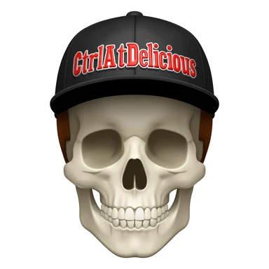 Create a skeleton head wearing a black baseball cap that says " CtrlAltDelicious " in Red, and white lettering, with brown hair sticker