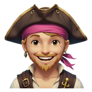 Clash of Clans aesthetic Playful Pirate Portrait Emoji, Head tilted with a roguish, cheeky grin and twinkling eyes, featuring a compact, spirited build with a jaunty hat and a quirky bandana, his natural skin tone evident, Simplified yet irresistibly charming features, highly detailed, glowing with a warm, inviting oceanic glow, high shine, spirited and lively, stylized with an air of whimsical maritime mischief, soft glowing outline, capturing the essence of a playful pirate exuding friendly rogue charm! sticker