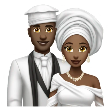 African bride and groom. White gele head wrap with white off shoulder dress. No Turban sticker