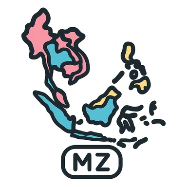 Southeast Asia map zone, flat design, pastel colors, labeled MZ, icon or logo style sticker