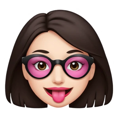 woman with dark brown hair wearing black band over eyes with tongue out sticker