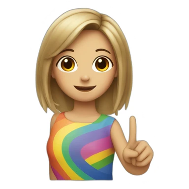 Girl with rainbow flag in the back doing a peace sign and a winky face sticker