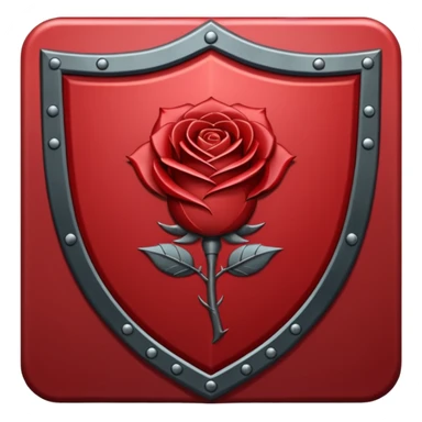 A bold, symmetrical shield icon in deep blood red (#7A0F1E) with a sharp silhouette and slightly pointed base. Centered on the shield is a stylized rose with subtle thorn accents — clean but slightly angular, giving it a defensive edge. sticker