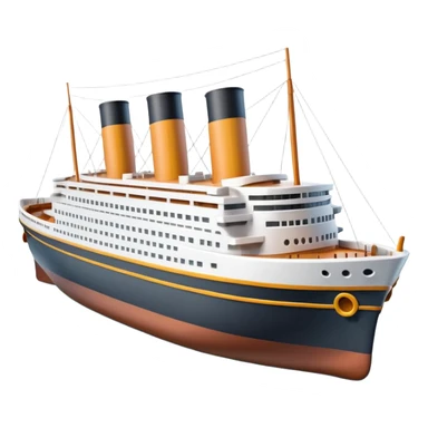 A 3D emoji of a Titanic ship in Apple style, glossy and smooth surface, bright clean colors with subtle shading, simple and minimal details, no face or expressions, floating on calm ocean, soft shadows, high-quality render, isolated on white background.


 sticker