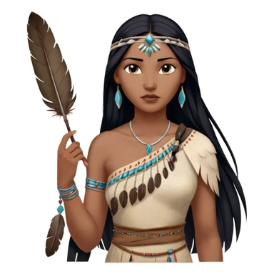 Cinematic Realistic Pocahontas Portrait, depicted with lifelike skin texture, soft natural lighting, and intricately detailed long, flowing raven-black hair that moves gracefully in the wind. Her deep, soulful dark brown eyes exude wisdom and strength, complemented by a serene yet powerful expression. She is shown gently holding a feather in one hand, her other hand resting lightly at her side, embodying the harmonious balance between nature and herself. She is dressed in her classic one-shoulder native American dress, with rich fabric textures and delicate beaded details that catch the light beautifully. The portrait features a soft, sun-kissed glow with a natural, radiant finish, capturing the essence of untamed beauty and deep connection to nature in a realistic and painterly style, evoking a sense of depth and authenticity. sticker