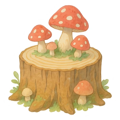 a tree stump cake topped with mushrooms, forest dessert concept, soft pastel colors, ghibli style sticker