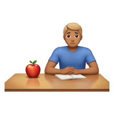 a man sits sadly at a table, a house is burning behind him, apple style emoji sticker