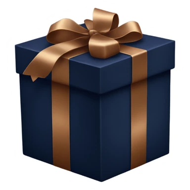 Enormous dark navy present box with bronze ribbon sticker